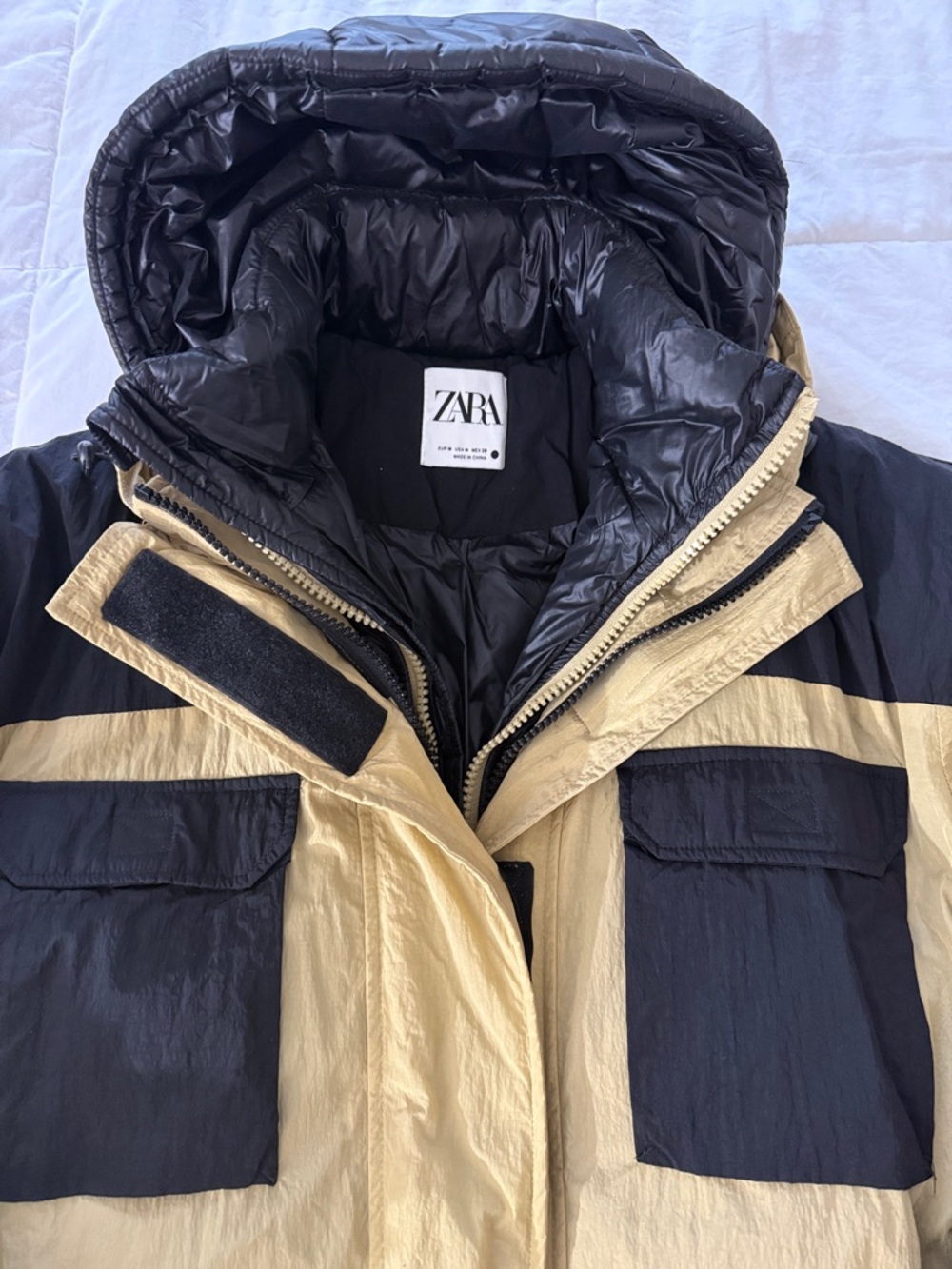 Zara Black and Yellow Two-Tone Long Puffer Parka